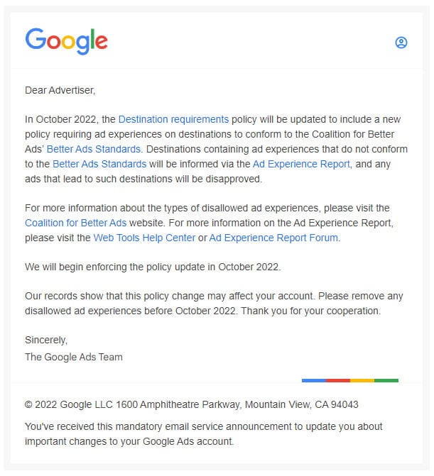 Destination policy google 2022