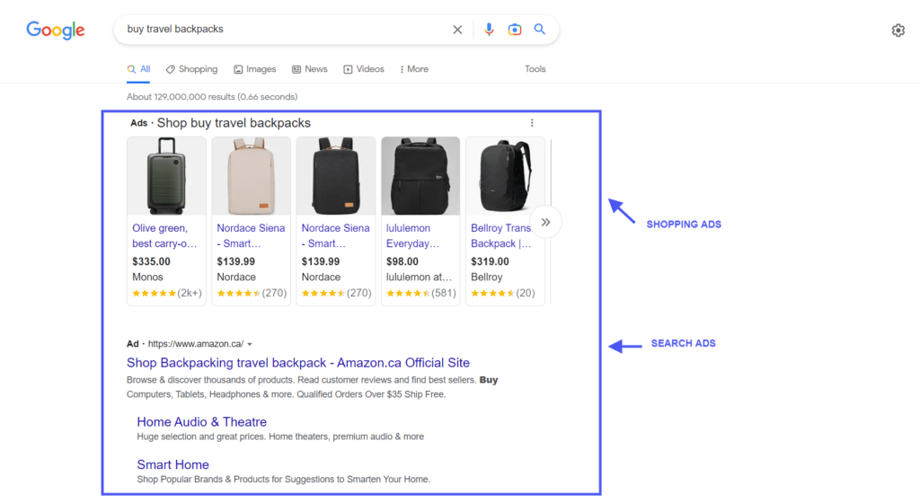 Quick search with ads