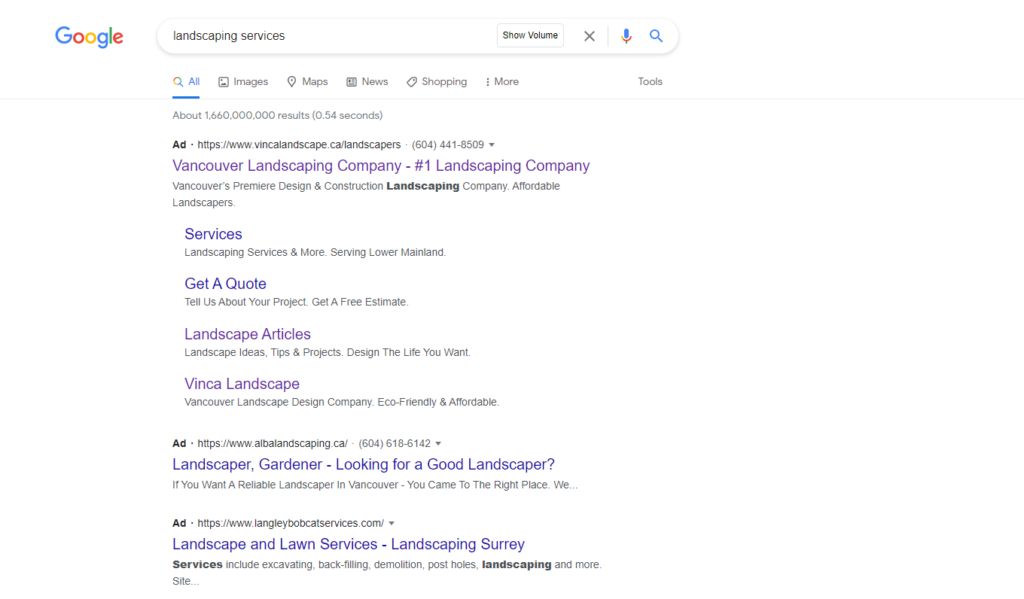 Search ads vinca landscape example